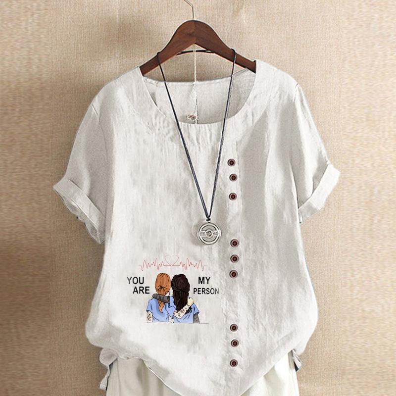 Women's Fashion Round Neck Short Sleeve T-shirt Casual Cotton Linen Graphic Shirt Leisure Loose Good Sisters Prined Summer Blouse Tops