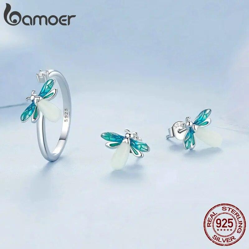 BAMOER 925 Sterling Silver Luminous Firefly Adjustable Ring & Earrings Jewelry Set Glow-in-the-dark Bee Opening Ring for Women