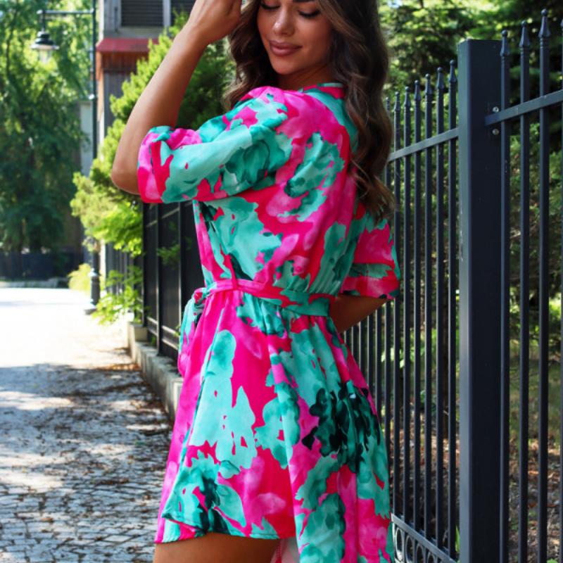 Новые летние свободные повседневные комбинезоны с коротким рукавом, женские элегантные облегающие пляжные комбинезоны с V-образным вырезом, женские комбинезоны с принтом, модные боди Lade-up 26100