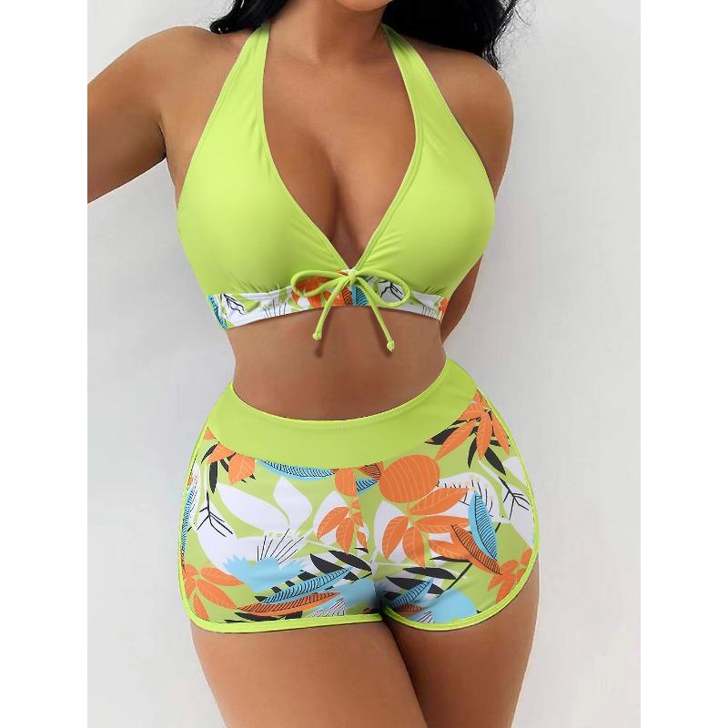 Fashion printed swimsuit new large size women's neck high waist flat angle conservative beach swimsuit