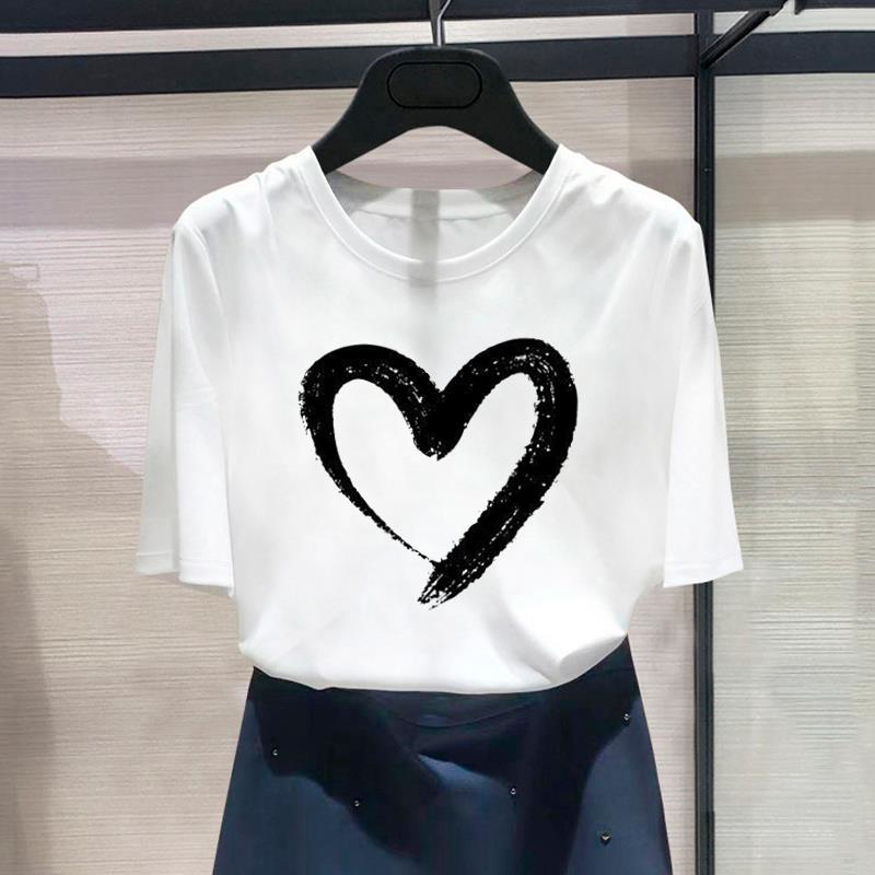 (Азиатский размер) Модная футболка с милым сердечком и принтом в стиле милой графики, женская повседневная футболка, повседневная женская футболка с коротким рукавом