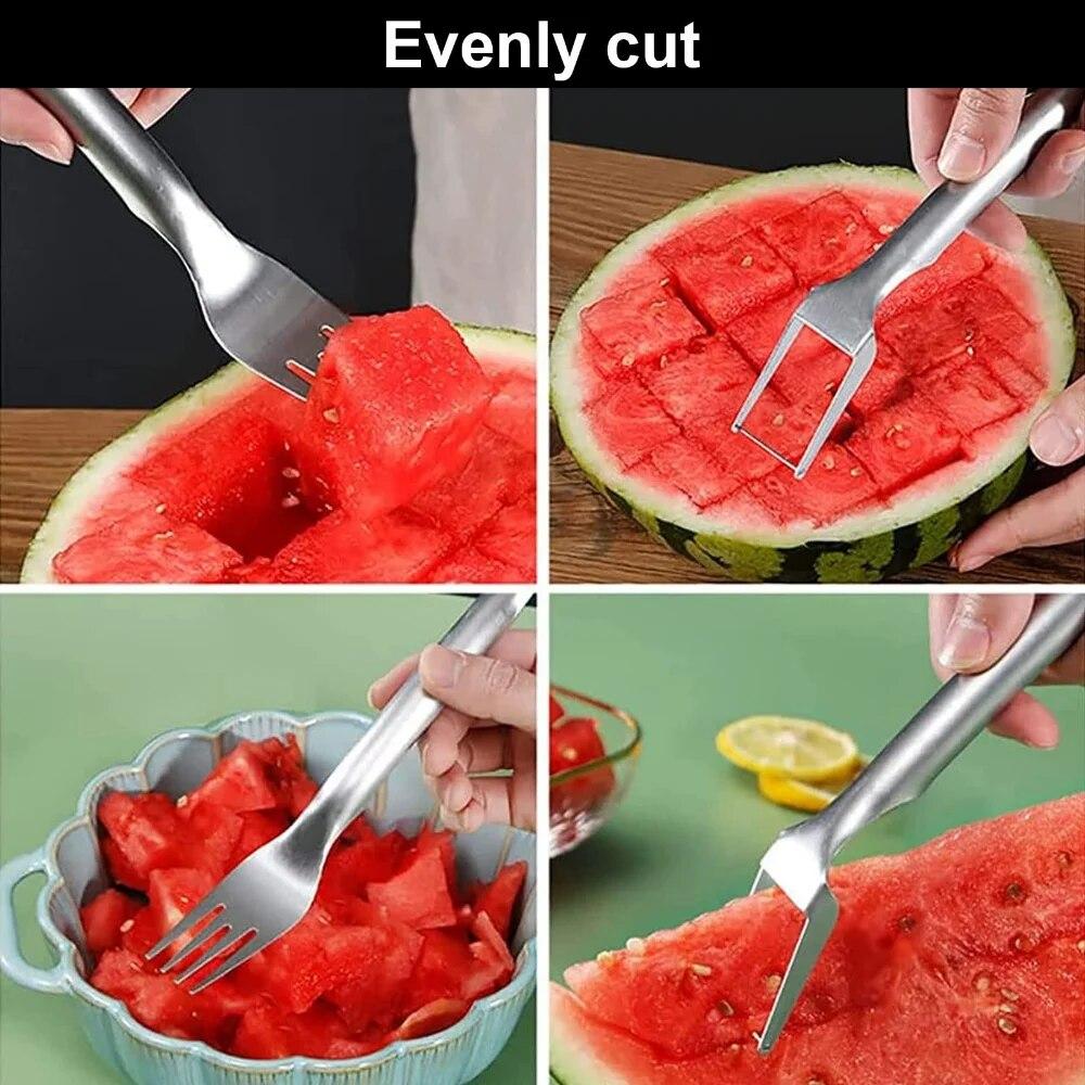 2-in-1 Watermelon Fork, Watermelon Slicer Cutter, Stainless Steel Fruit Cutter Carving Tool for Home Party Camping Fruit Knife