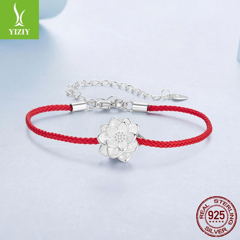 S925 Sterling Silver Lotus Red Rope Bracelet Women'S Exquisite Three-Dimensional Flower Lucky Bracelet Bracelet Jewelry
