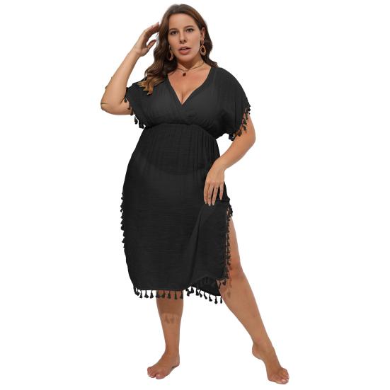 Women Bikini Cover Up Dress Solid Color V-Neck Short Sleeve Elastic High Waist Tassel Patchwork Cover Up Dress