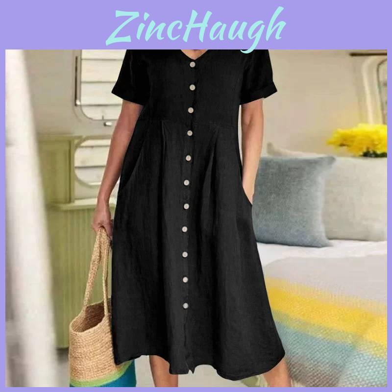 Summer Cotton Linen Dress With Pockets For Casual Streetwear Women
