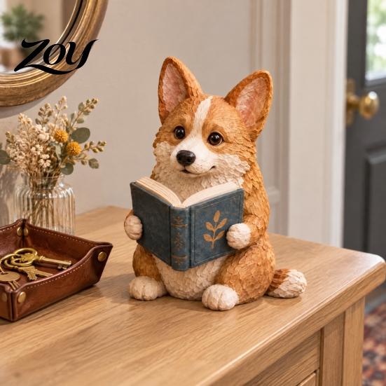 Decorative Bookend Companion Reading Dog Figurine, Cute Book Loving Puppy Sculpture for Bookshelf Lover Gift Nook Desk, and Lovers Unique Readers