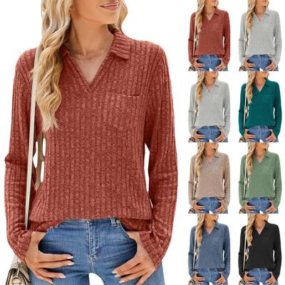 Женские осенне-зимние новые свободные футболки с длинными рукавами и карманами с лацканами и топами