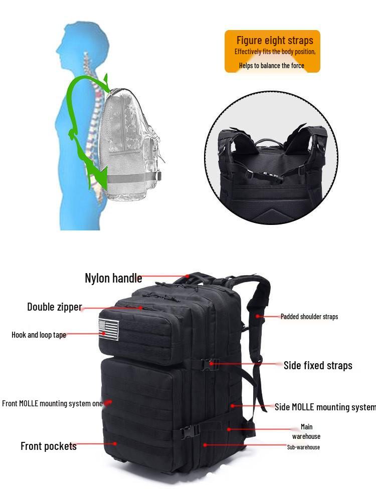 Men's Large Capacity Outdoor Sports Backpack, Water-Resistant, Multifunctional, 45L