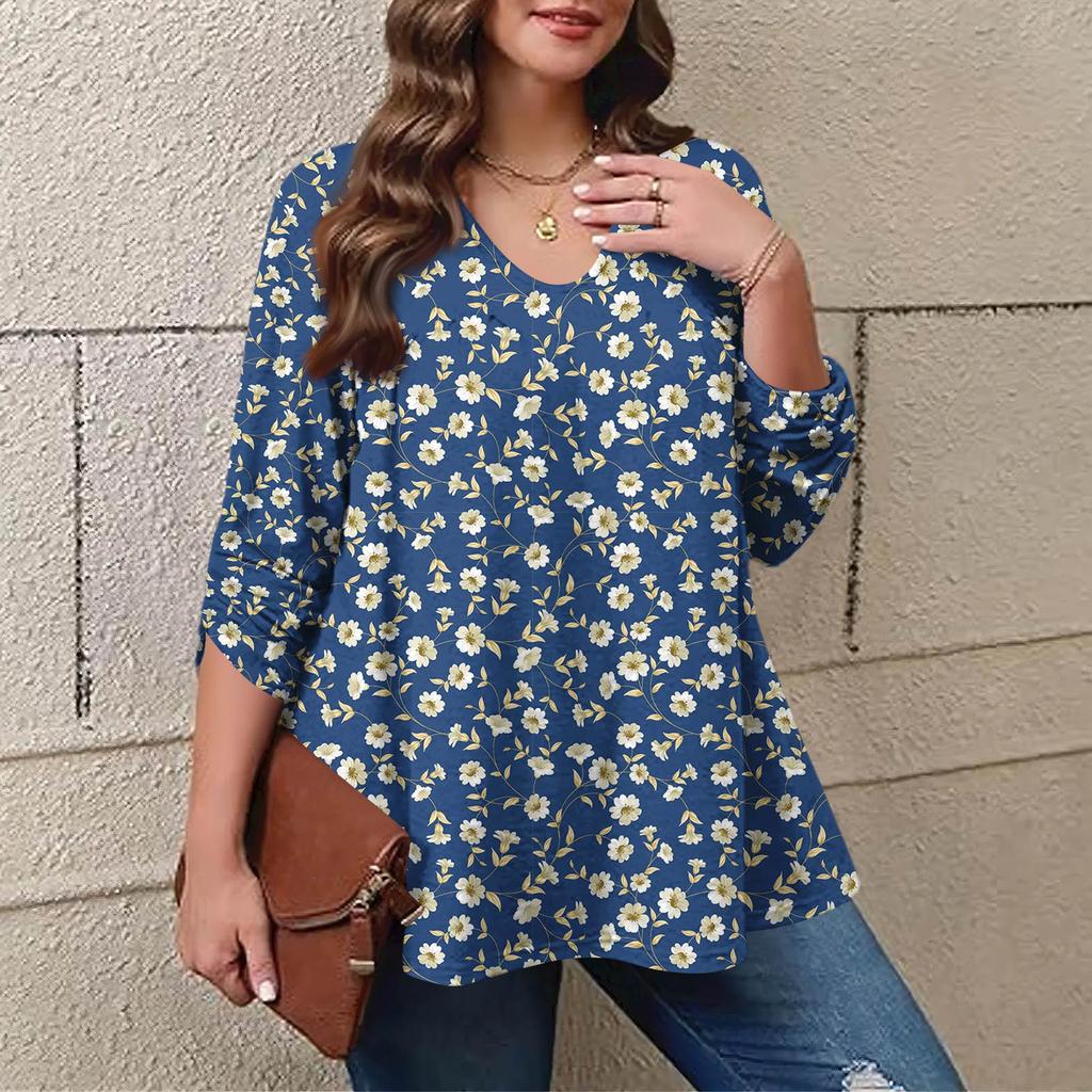 Women's Plus Size Fashion Printed Casual Pleated Round Neck Long Sleeve Top