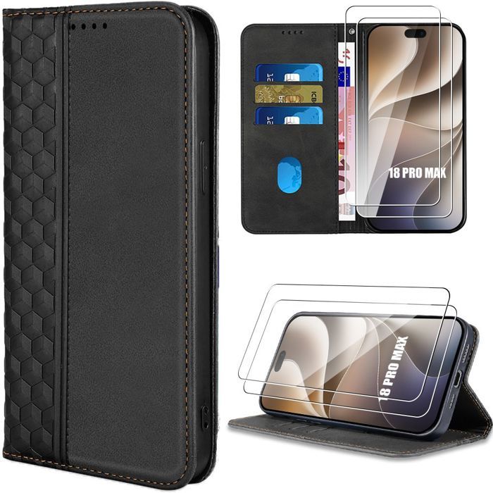 Coque + 2 Verres Trempés pour iPhone 18 Pro Max, Anti-Rayures Effet Cuir Noir Motif Relief Mosaïque