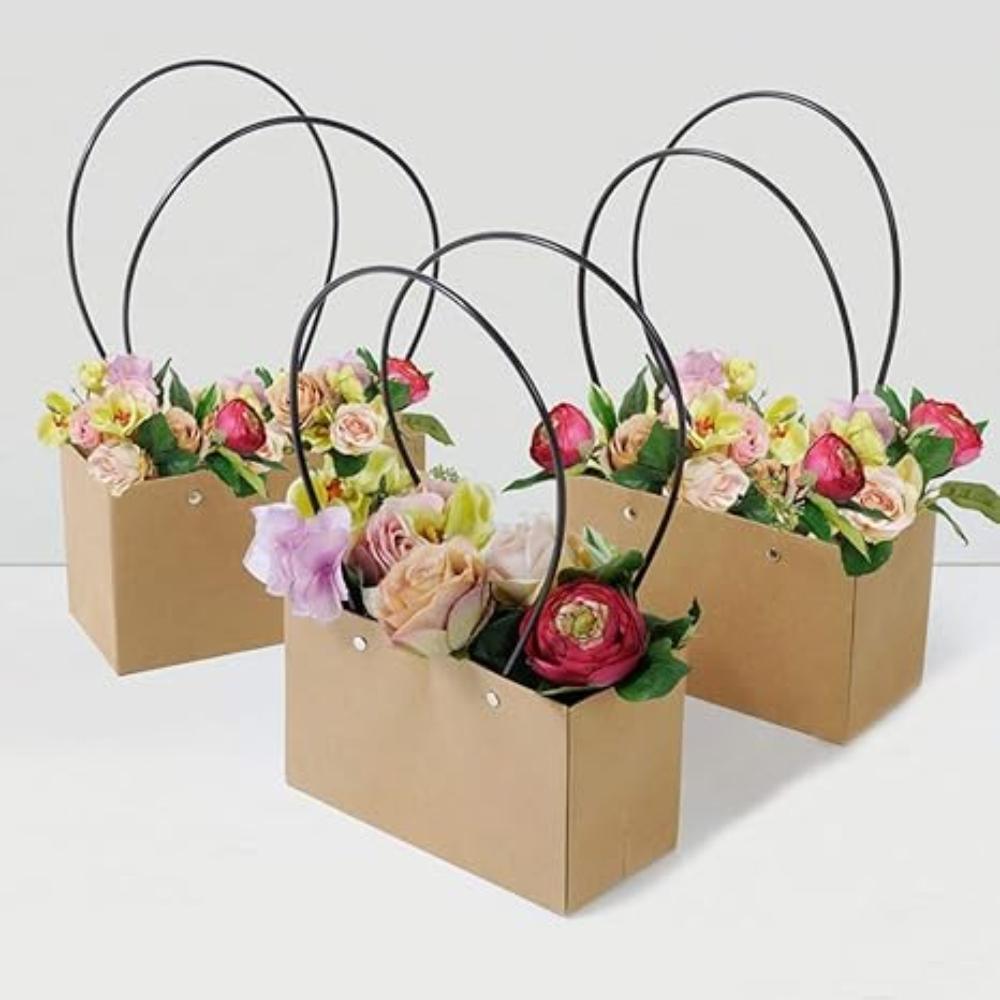 4 Pcs Valentine's Day Kraft Flower Gift Bags Waterproof Bouquet Paper Bags with Handle Empty Bouquet Bags Rectangle Packaging Mother's Day Gift