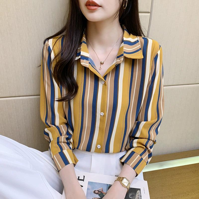 Women's Vintage Long Sleeve Striped Shirt, Design Loose Commuter Top