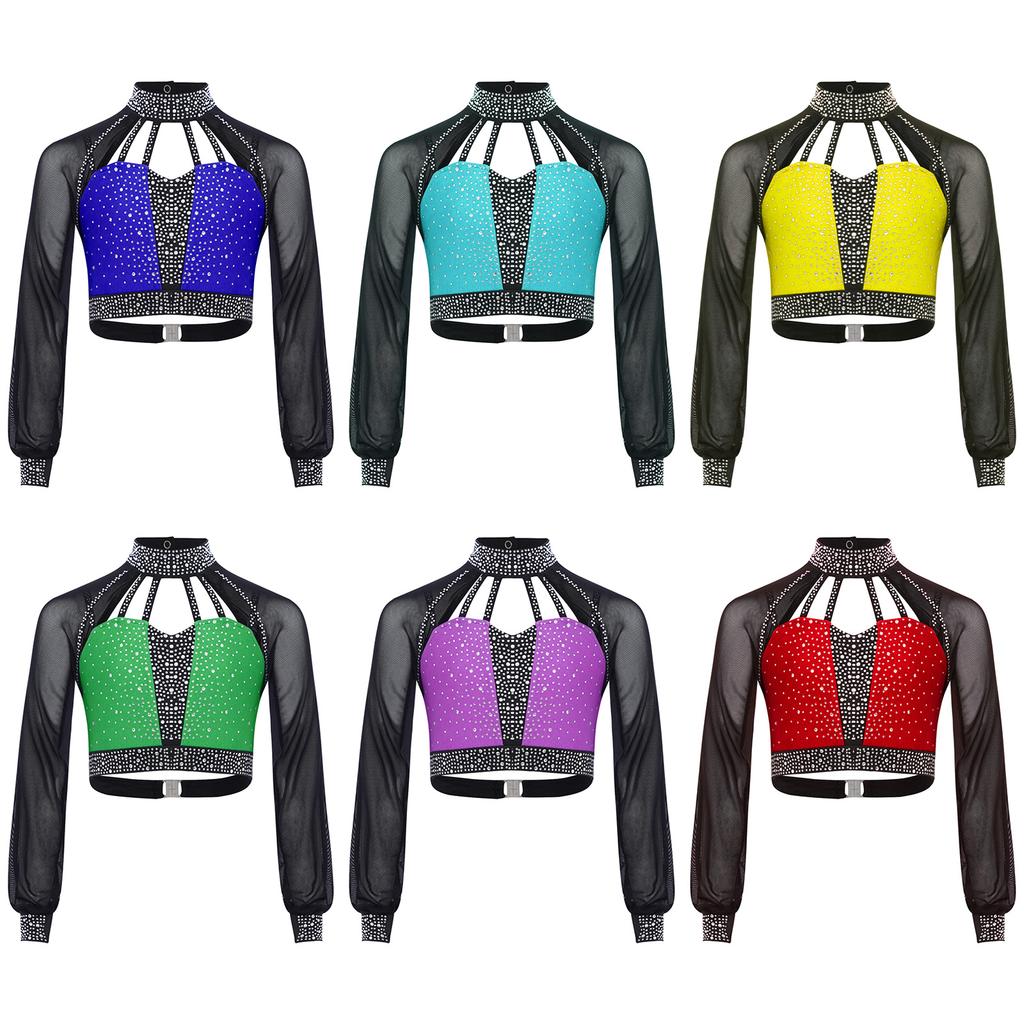 Топ для танцевальных выступлений для девочек, дизайн колор-блок, воротник-стойка, прозрачные сетчатые рукава, вырез на спине, укороченный топ со стразами