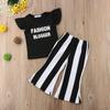 Baby Girls Summer Clothes Set Sleeveless Letter Print O-neck Ruffle Tops+Stripe Bell Bottom Pants Kids 2Pcs Casual Outfits