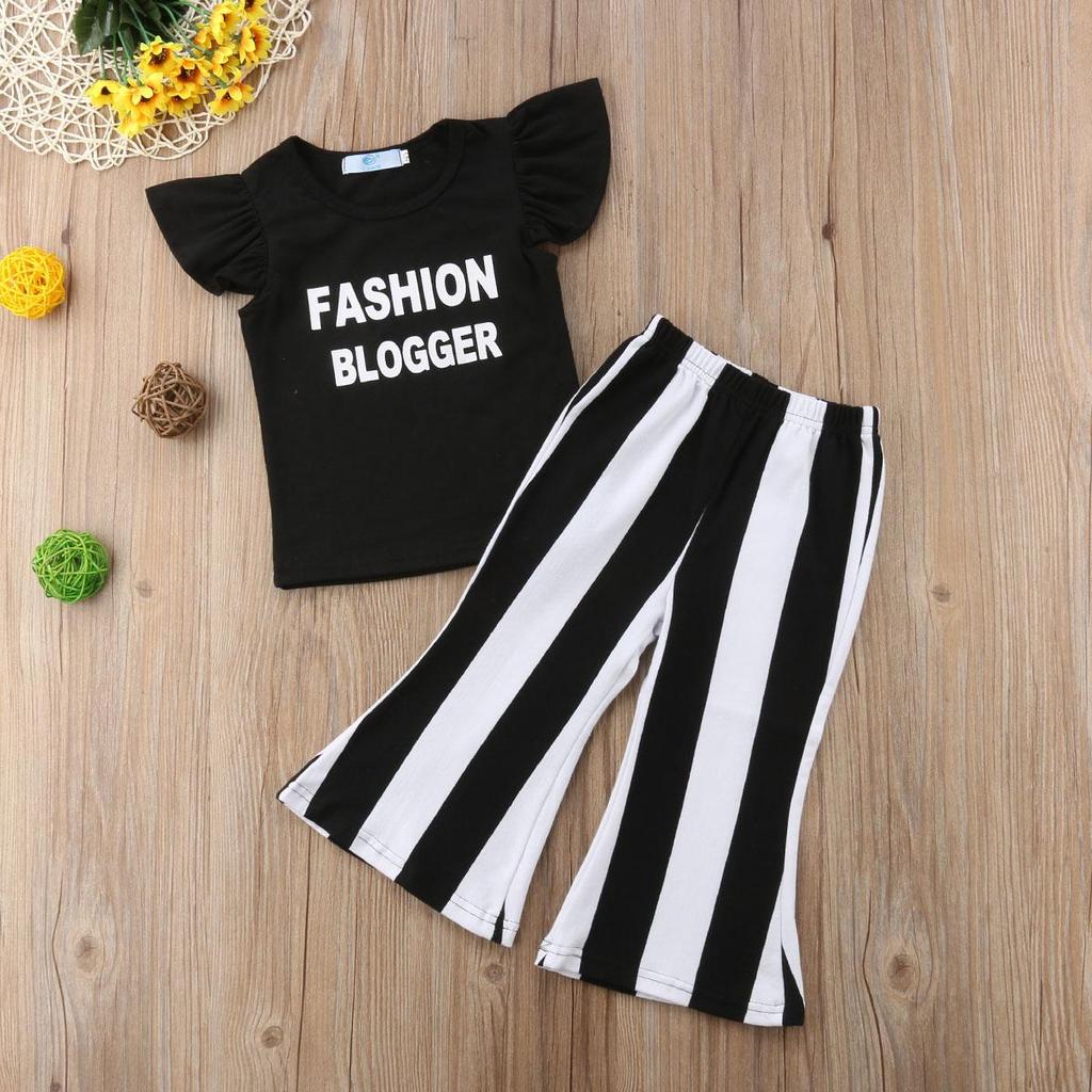 Baby Girls Summer Clothes Set Sleeveless Letter Print O-neck Ruffle Tops+Stripe Bell Bottom Pants Kids 2Pcs Casual Outfits