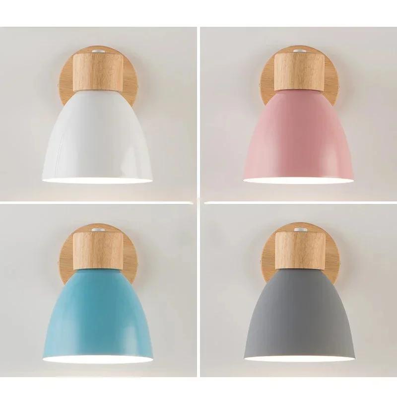 Nordic LED Wall Lamp With Switch Modern Iron Wall Light E27 Wooden Base For Bedroom Living Room Home Decor Fixture Macaroon Led