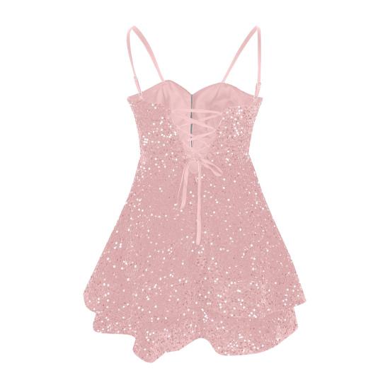 Women's Spaghetti Strap Sparkly Sequin Dress A Line Ruffle Swing Party Nightclub Mini Dress Sexy Backless Tight Short Cocktail Dress