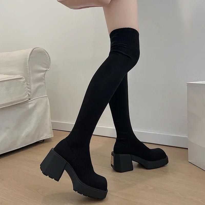 High Quality Women's Knee High Boots 2024 Fashionable Stretch Fabric Modern Matching Boots Round Toe Slip On Boots for Women