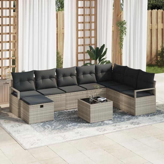 VidaXL Ensemble de Canapé d'Extérieur Modulaire 9 Pièces avec Coussins en Poly Rattan Gris Clair | Mobilier de Jardin 3359241