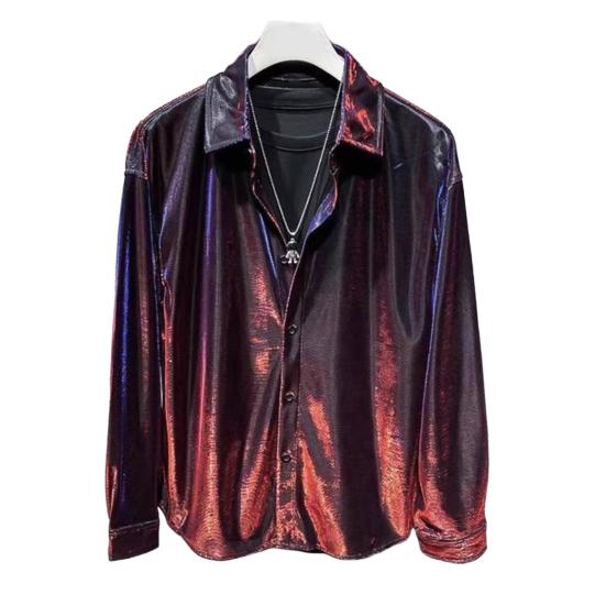 Мужская рубашка с отложным воротником, свободная, глянцевая, однобортная, с длинным рукавом, для клуба, вечеринки, повседневная, официальная рубашка