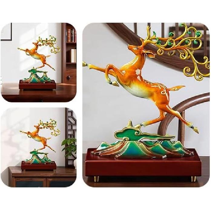Aris & Juno Hand-Painted Copper Fortune Deer Sculpture with Wood Base, Traditional Chinese Lu Blessing Statue, Feng Shui Office Desk Home Longevity &