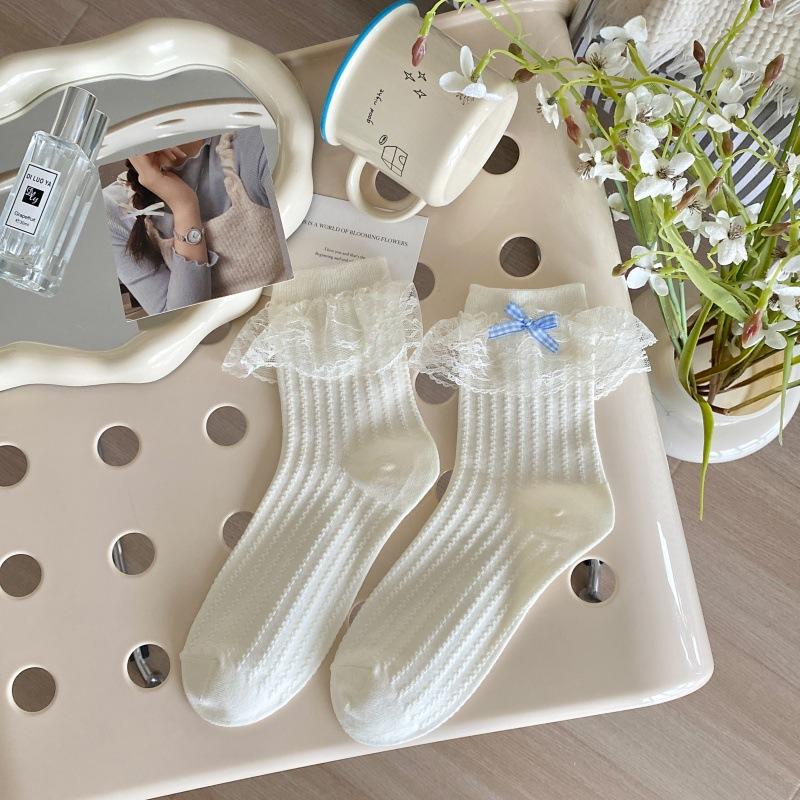 Женские весенне-летние носки с милым кружевным краем и бантом в рубчик