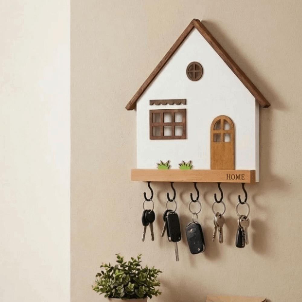 Wooden Wall Mount Key Holder 5-Hook Design House Shape Decorative Hooks Rustic Multi-Purpose Key Rack Bedroom Decorative Shelf