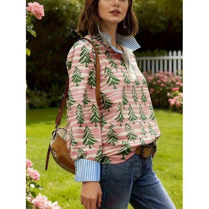 Женская блузка в ретро-рождественский узор - отложной воротник, длинный рукав, свободный повседневный силуэт, праздничный топ с принтом елки, подходит для осени/зимы