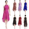 Womens Lyrical Dance Dress Sleeveless Asymmetrical Hem Sparkling Rhinestones Ruched Design Performance Gown