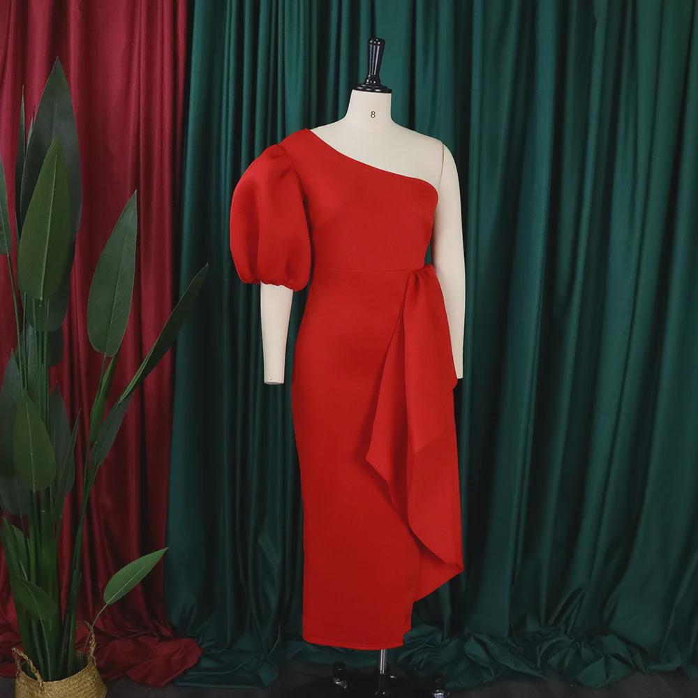 Женское платье в стиле OL, лето 2024 г.: Рукав-фонарик, асимметричное плечо, разрез, европейская и американская мода