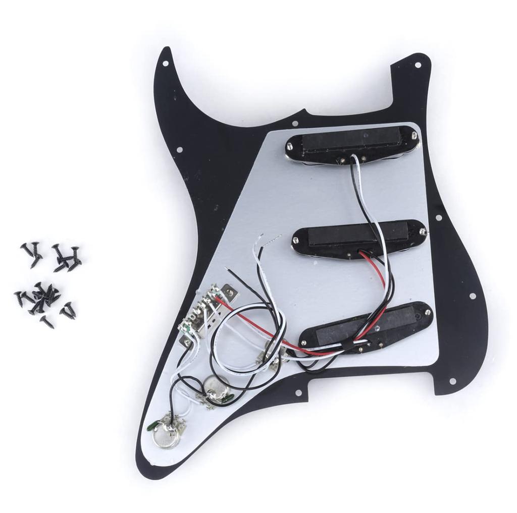 Musiclily Basic ST Pickguard for Fender Stratocaster Electric Guitar with SSS Pickup Set 11-Hole Pre-Wired Single-Coil Set, Black, 3-Piece