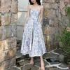 Women's French Floral Blue Spaghetti Strap Summer Dress: Elegant Long Beach Style