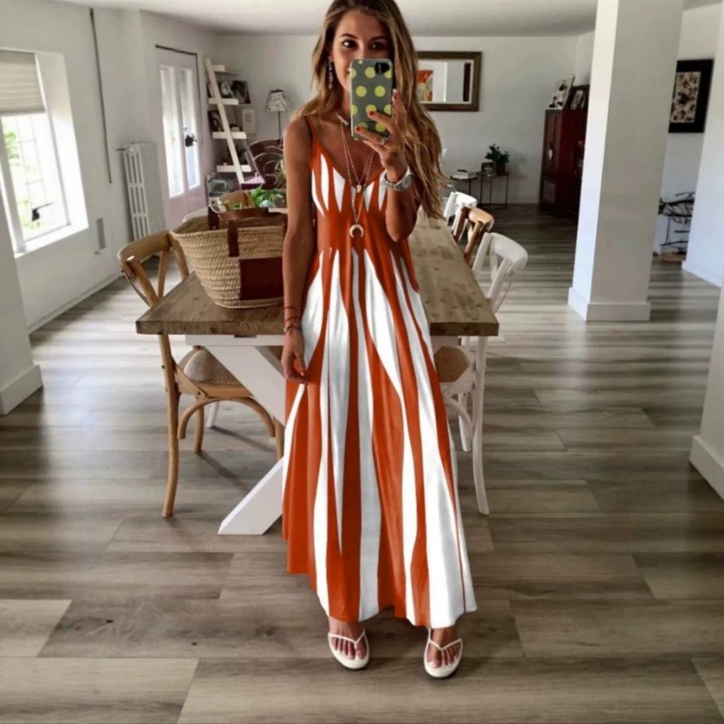 Summer Women Loose Color Block Print Sling Maxi Dress, Casual Fashion Long Strappy Dress for Foreign Trade