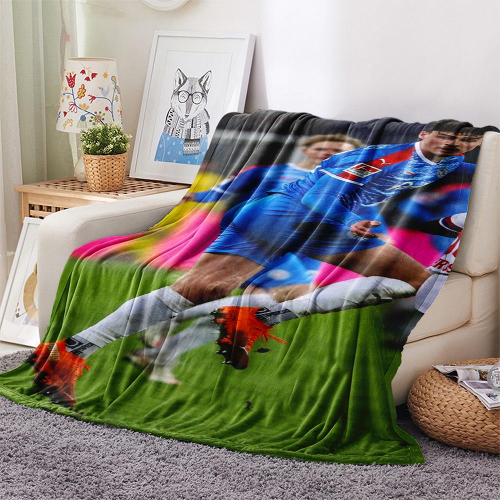 Blue Jersey Football Player Match Print Flannel Throw Blanket, Soft Warm Sofa Bed Cover, Soccer Fan Home Decor Blanket
