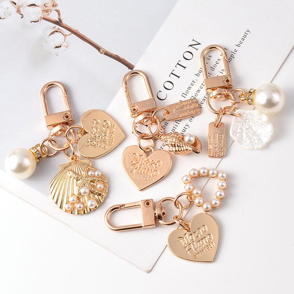 Korean Pearl Shell Conch Gold Color Fashion Bag Charms Heart Key Ring Key Chain Key Accessories