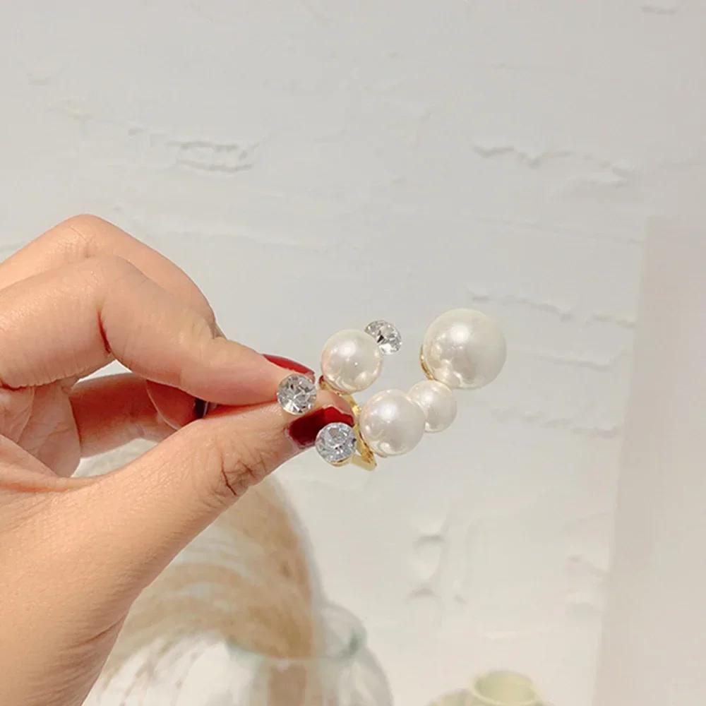 French Simple Multilayer Imitation Pearl Metal Rings for Women Shiny Zircon Crystal Party Wedding Jewelry Accessories Women Gift