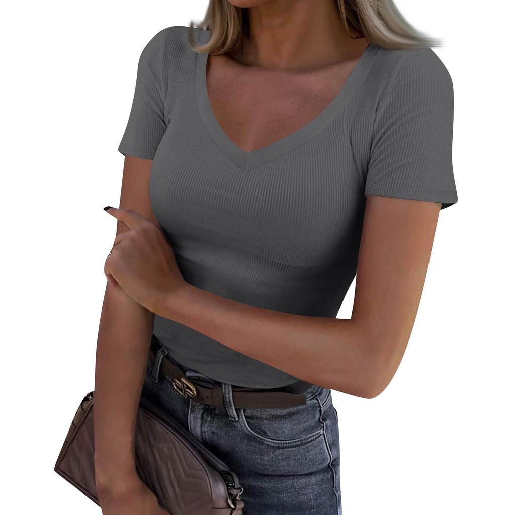 Ladies Slim Bottom T-shirt Fashion Casual Solid Colour V-Neck Pullover Short Sleeve Top