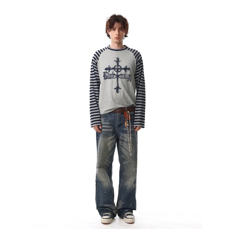 Long Sleeve Striped Cotton Tee With Raglan Sleeves Loose Fit Korean Style Unisex Basic Top