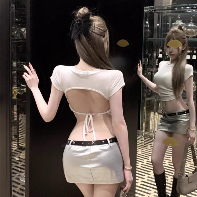 Pure desire Spice Girl drawstring strap sexy short-sleeved T-shirt women's backless design sense unique chic short tight top