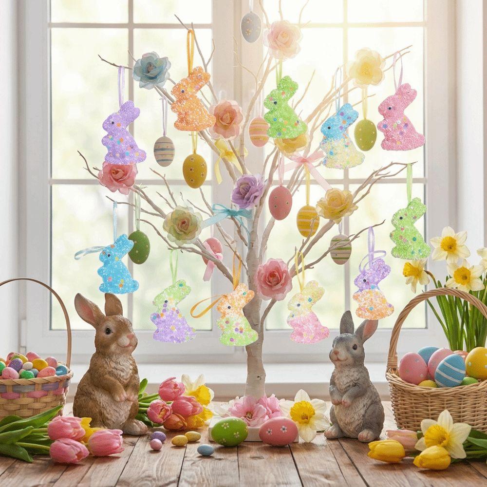 6Pcs Cute Colorful Foam Easter Rabbit Animal Mold Painted Sequin Bunny Ornament Hanging Sparkle Rabbit Figurine Celebration