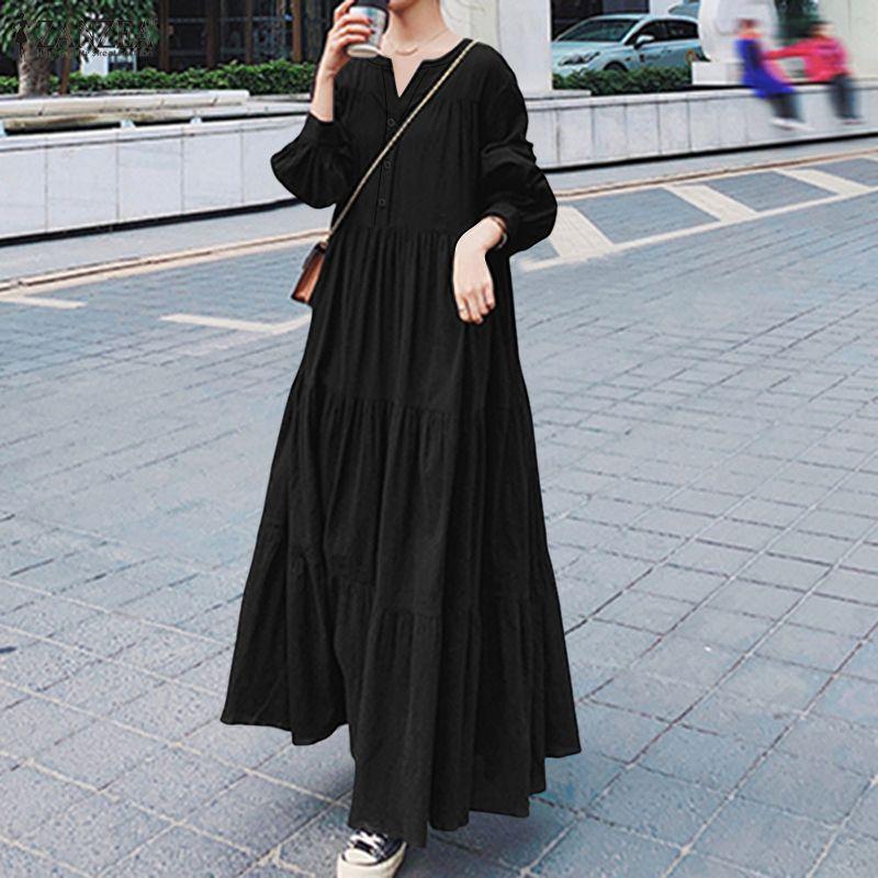 ZANZEA Women Casual Round Neck Solid Color Long Sleeve Long Dress