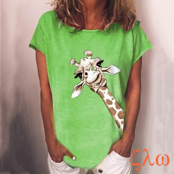Женские летние рубашки с круглым вырезом и принтом жирафа, модные хлопковые блузки с коротким рукавом больших размеров, топы S-3XL