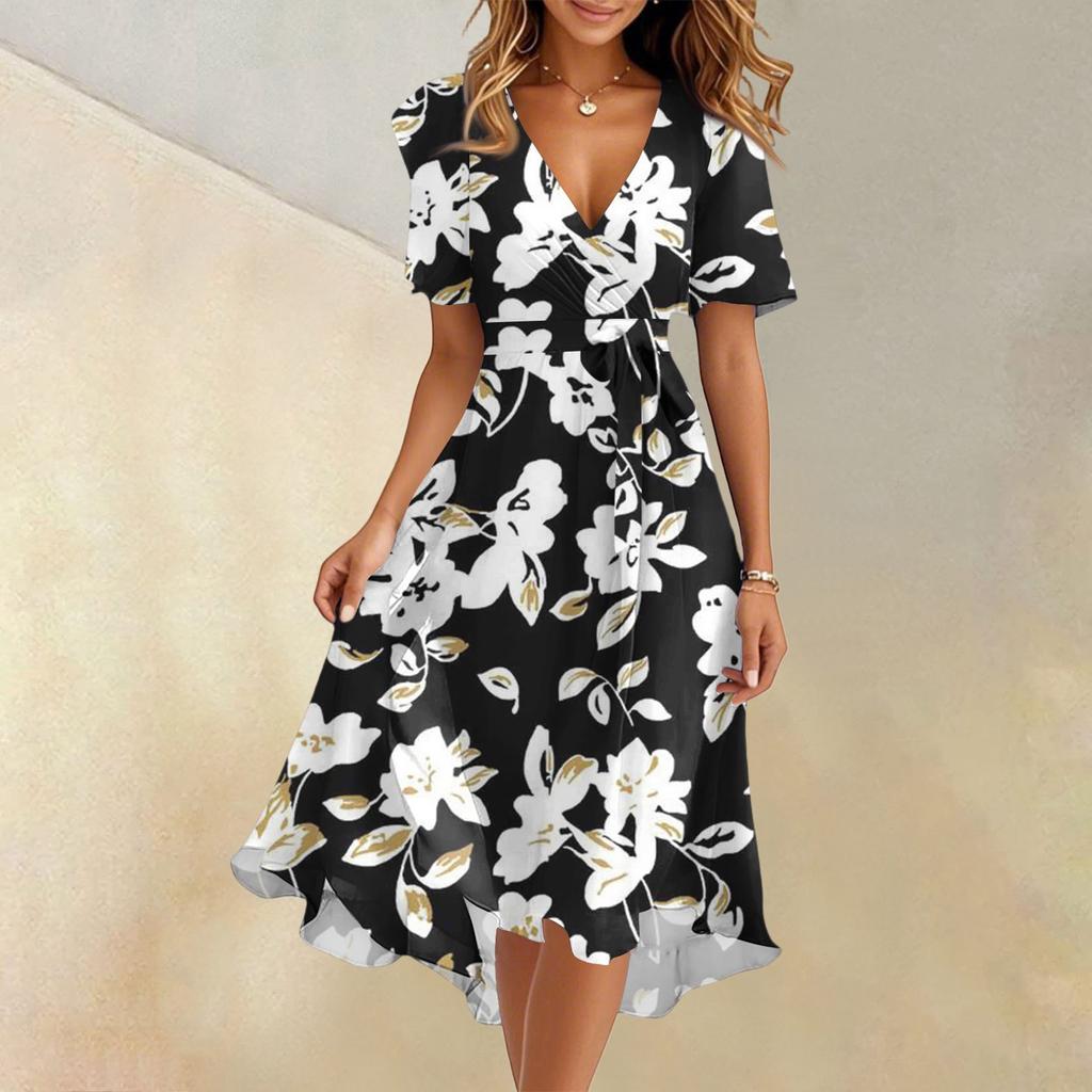Women's Summer Fashion V-Neck Flared Dress Short Sleeve Floral Dresses