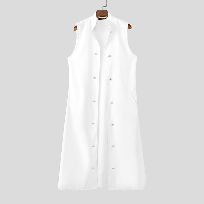 INCERUN Мужской кардиган без рукавов с воротником-стойкой, открытый спереди, с декоративными пуговицами, повседневный, длинный