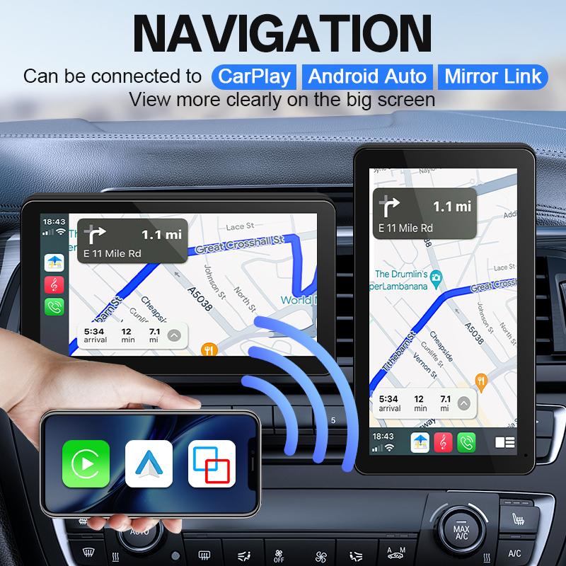 Hippcron 7" Rotatable Car Radio Wireless Carplay Android Auto Navigation Multimedia Player IPS Touch Screen USB Bluetooth Mirror