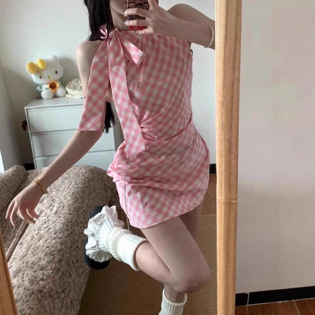 Women's Pink Plaid Halter Dress: Summer Irregular Mini with Bow and Waist-Hugging Design