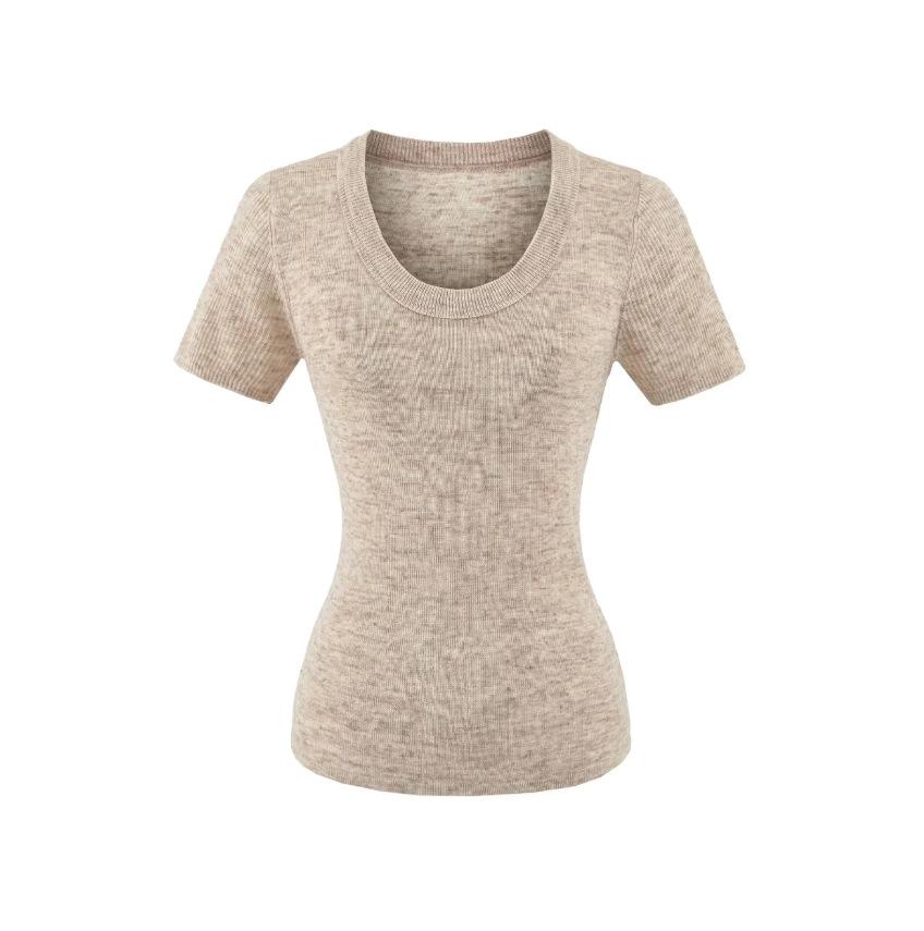 U-neck front shoulder short-sleeved T-shirt women's summer new American Spice Girl style solid color slim-fitting and thin bottoming shirt top