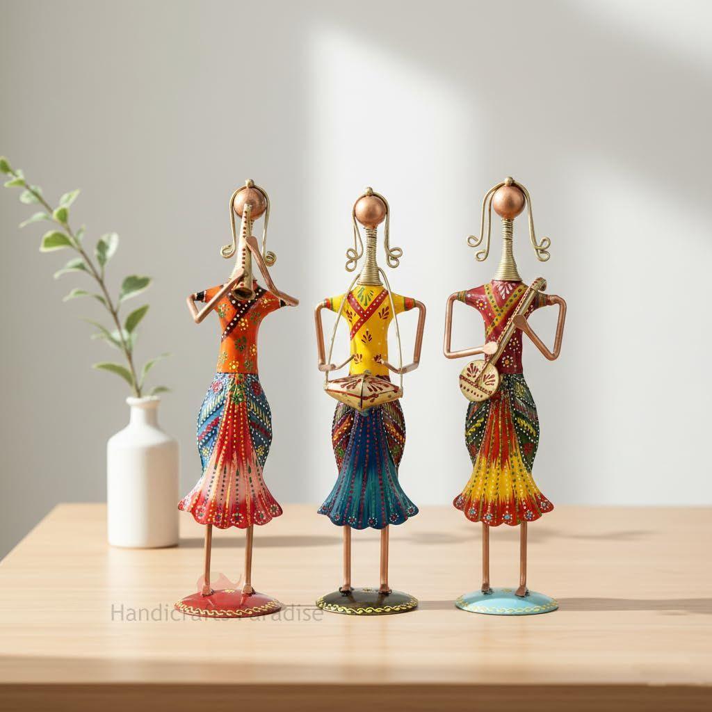 Iron Lady Musician Showpiece Handmade Figurines with Traditional Instruments Home Decor for Living Room & Gift - Set of 3 Pcs 12.25 Inch