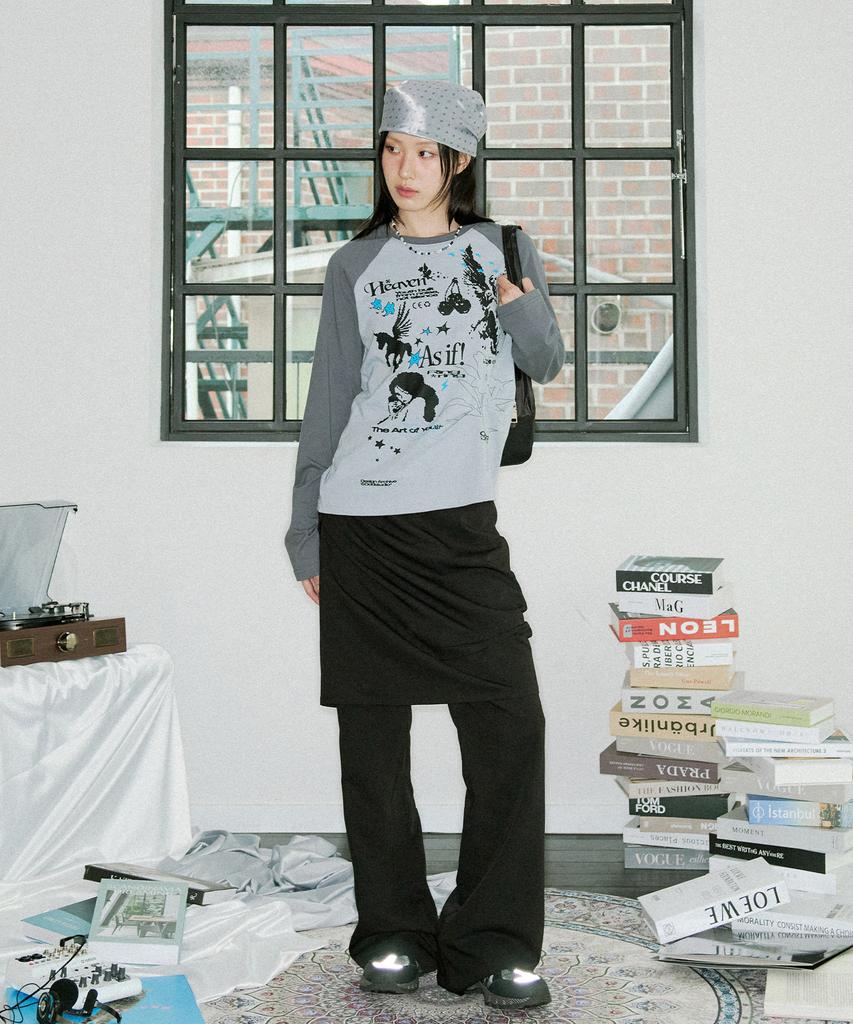 ODDSTUDIO Kitsch Stamp Pintuck Raglan Long Sleeve - Gray Blue