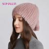 Winter Real Mink Fur Knit Hats for Women Knitted Warm Fur Hats Girls Skull Beanie with Three Tails Cold-proof Cap